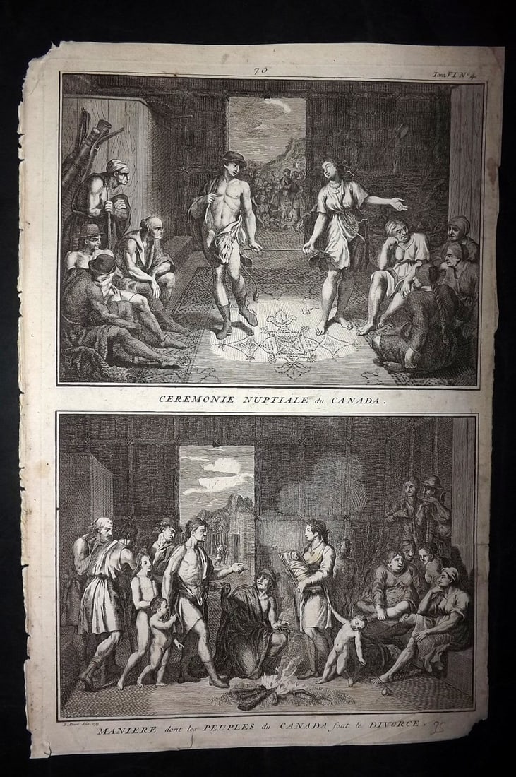 Picart, Bernard 1789 Folio Print. Canada - Marriage & Divorce Ceremonies: Folio Copper Plate Published 1789, Amsterdam for "Ceremonies et Coutumes Religieuses des tous les Peuples du Monde" by Bernard Picart. Paper Size: 13.5 x 9.5 inch (34 x 24cm) Approx. Chip to bottom ri