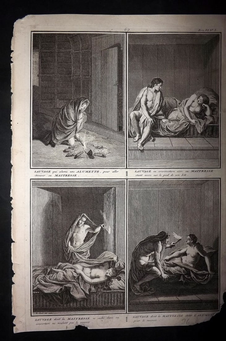 Picart, Bernard 1789 Folio Print. Canada - Ceremonies of North Americans: Folio Copper Plate Published 1789, Amsterdam for "Ceremonies et Coutumes Religieuses des tous les Peuples du Monde" by Bernard Picart. Paper Size: 13.5 x 9.5 inch (34 x 24cm) Approx. Chip to bottom ri