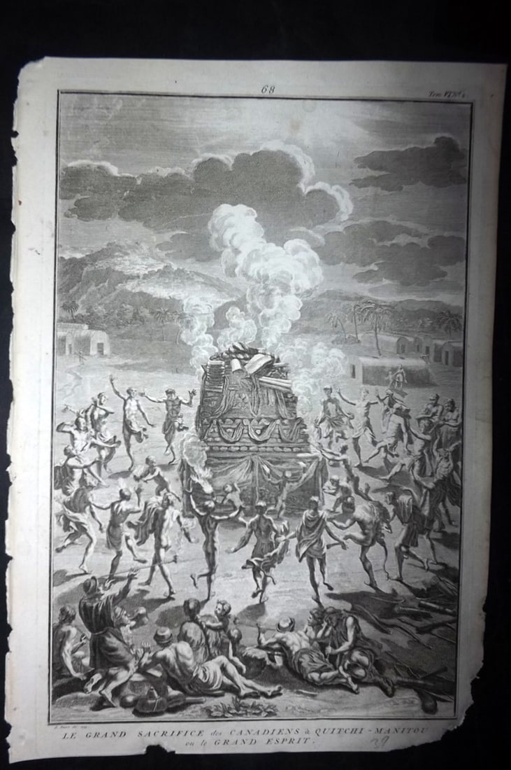 Picart, Bernard 1789 Folio Print. Canada - Grand Sacrifice: Folio Copper Plate Published 1789, Amsterdam for "Ceremonies et Coutumes Religieuses des tous les Peuples du Monde" by Bernard Picart. Paper Size: 13.5 x 9.5 inch (34 x 24cm) Approx. Chip to bottom ri