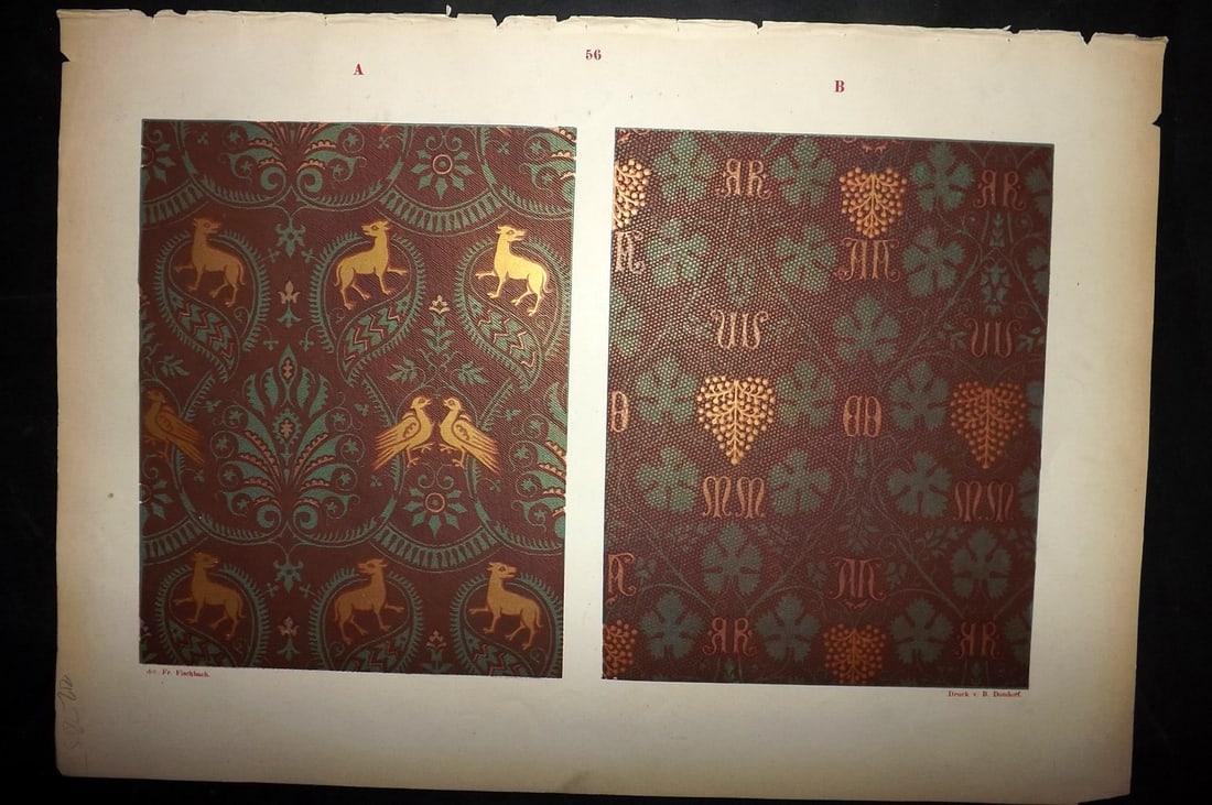 Fischbach, Frederick 1884 Folio Textile Print. Florentine Tissue of the 15th Cent. 56: Folio Chromolithograph Published 1882-84, London for "Ornament of Textile Fabrics" by Frederick Fischbach. Scarce. Paper Size: 17 x 12 inch (43 x 30cm) Good Condition