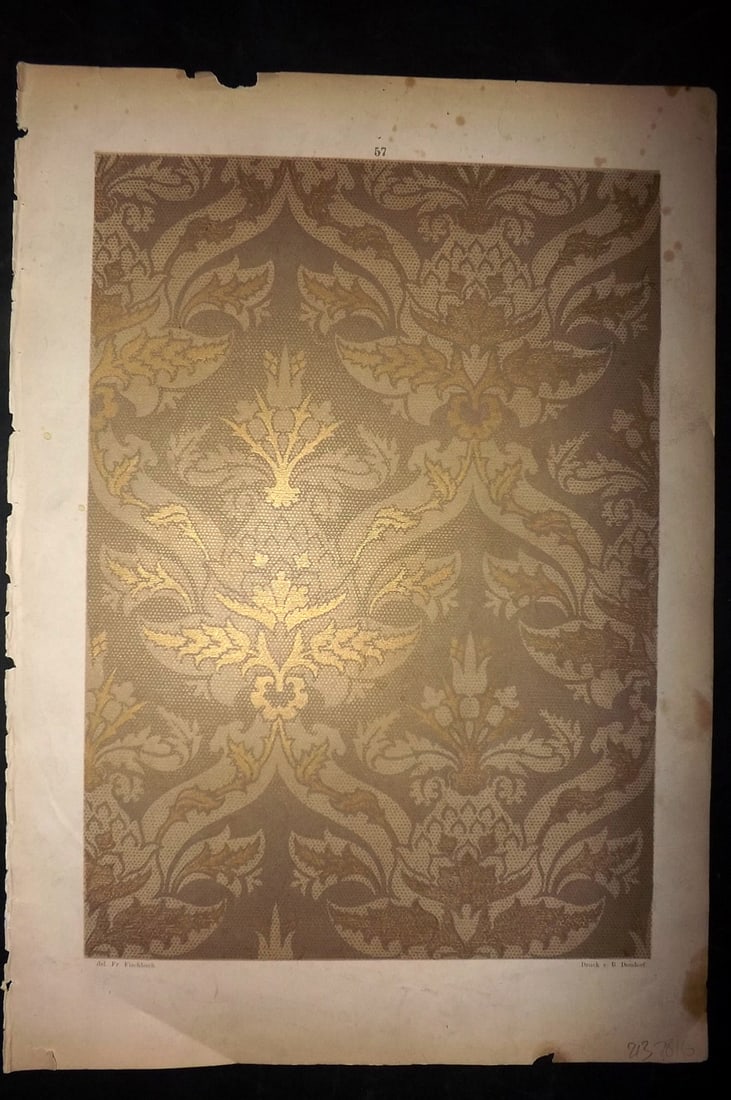 Fischbach, Frederick 1884 Folio Textile Print. Pattern of the 15th Century 57: Folio Chromolithograph Published 1882-84, London for "Ornament of Textile Fabrics" by Frederick Fischbach. Scarce. Paper Size: 17 x 12 inch (43 x 30cm) Minor margin toning. Good Condition