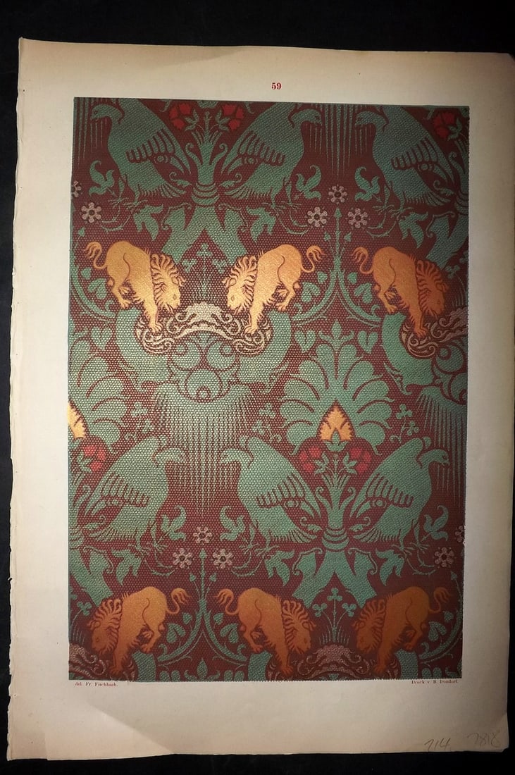 Fischbach, Frederick 1884 Folio Textile Print. Lucca Tissue of the 14th Cent 59: Folio Chromolithograph Published 1882-84, London for "Ornament of Textile Fabrics" by Frederick Fischbach. Scarce. Paper Size: 17 x 12 inch (43 x 30cm) Small bottom margin tear/wrinkle. Good Condition