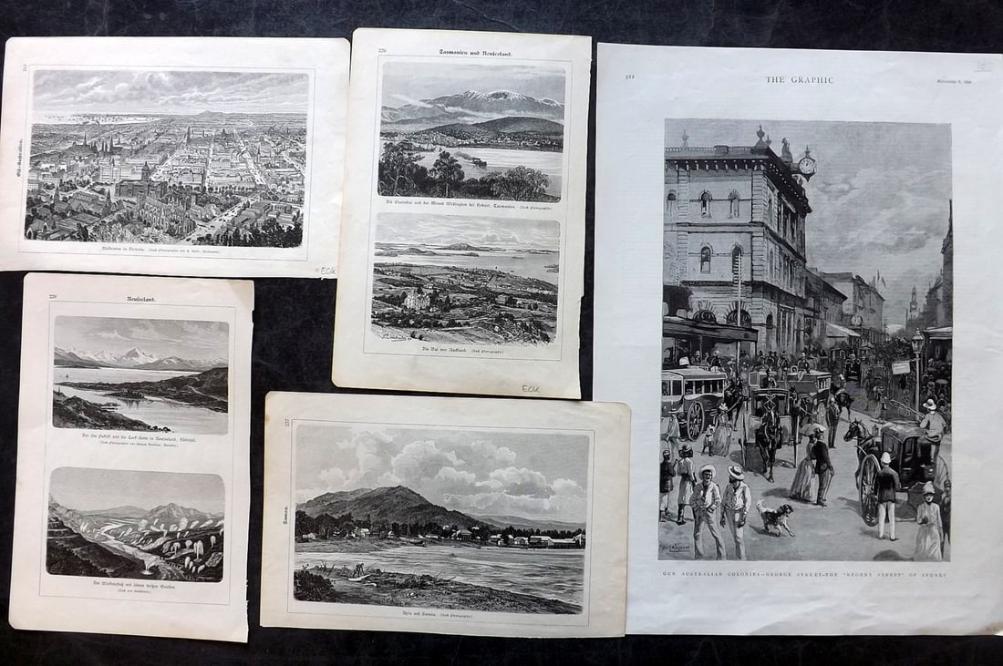 Australia, New Zealand & Pacific 19th Cent. Lot of 5: 6 Sheets, Wood Engravngs with text/images on the reverse. Incl Sydney, Melbourne, Tahiti, Samoa, Adelaide, Auckland, Mount Cook, Hobart, Tasmania, etc. From the Graphic and a German Publication. Paper
