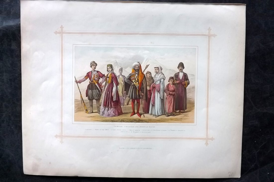 Blackie (Pub) 1882 Folio Print. Georgian, Circassian & Armenian Races: Color Printed Woodblock Published 1882 by Blackie & Son, London for "The Comprehensive Atlas & Geography of the World" by W. G. Blackie. Paper Size: 15 x 12 inch (38 x 30cm) Good condition