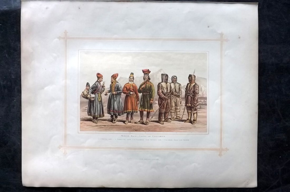 Blackie (Pub) 1882 Folio Print. Mongol Race - Lapland & Esquimaux: Color Printed Woodblock Published 1882 by Blackie & Son, London for "The Comprehensive Atlas & Geography of the World" by W. G. Blackie. Paper Size: 15 x 12 inch (38 x 30cm) Good condition