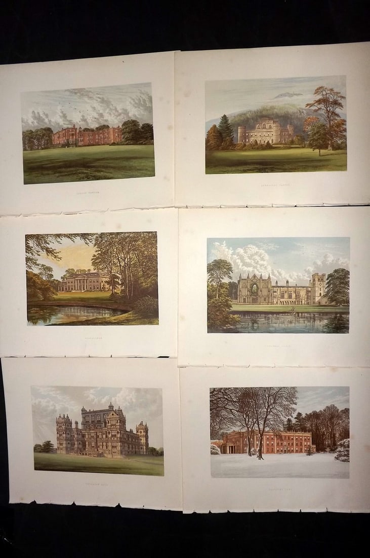 Morris Seats C1870 Lot of 6 British Color Woodblock Views: Color Printed Woodblock Published 1866-1880 by William Mckenzie, London for "Picturesque Views of Seats of Noblemen and Gentlemen of Great Britain and Ireland" by the Rev. F. O. Morris. Printed by Ben