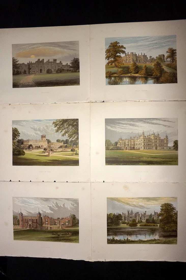Morris Seats C1870 Lot of 6 British Color Woodblock Views: Color Printed Woodblock Published 1866-1880 by William Mckenzie, London for "Picturesque Views of Seats of Noblemen and Gentlemen of Great Britain and Ireland" by the Rev. F. O. Morris. Printed by Ben