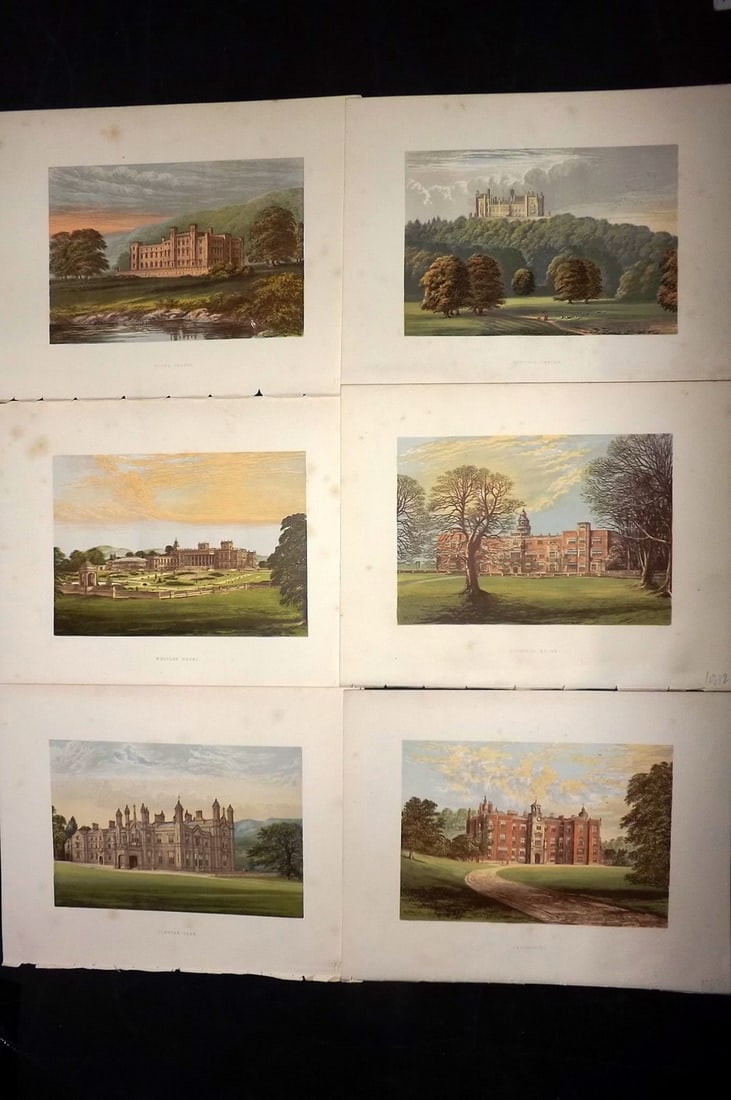 Morris Seats C1870 Lot of 6 British Color Woodblock Views: Color Printed Woodblock Published 1866-1880 by William Mckenzie, London for "Picturesque Views of Seats of Noblemen and Gentlemen of Great Britain and Ireland" by the Rev. F. O. Morris. Printed by Ben