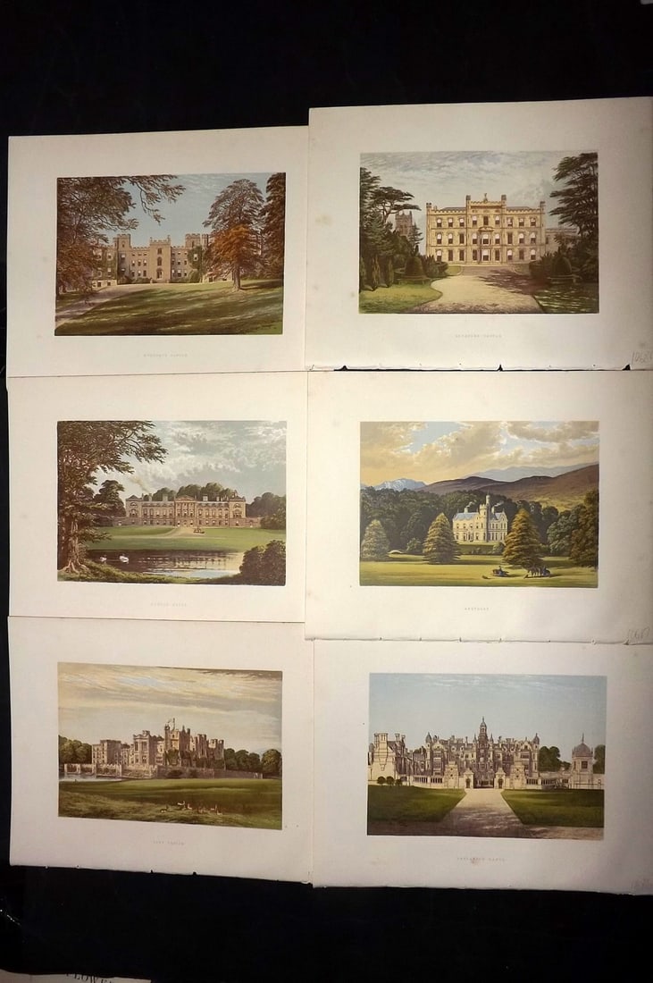 Morris Seats C1870 Lot of 6 British Color Woodblock Views: Color Printed Woodblock Published 1866-1880 by William Mckenzie, London for "Picturesque Views of Seats of Noblemen and Gentlemen of Great Britain and Ireland" by the Rev. F. O. Morris. Printed by Ben