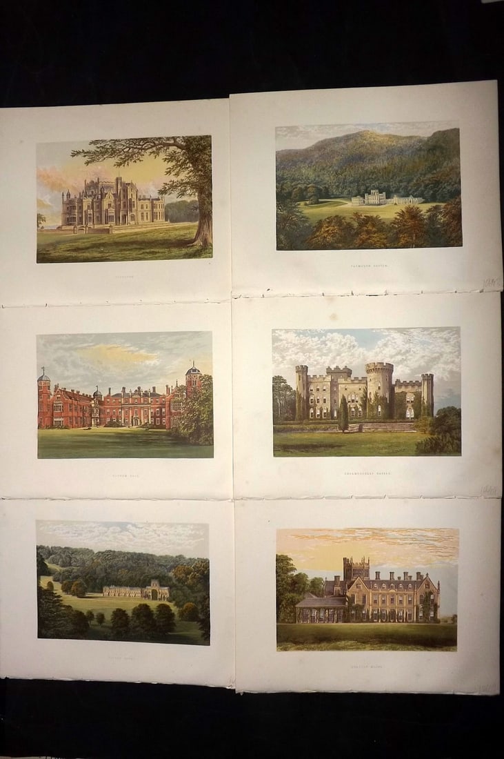 Morris Seats C1870 Lot of 6 British Color Woodblock Views: Color Printed Woodblock Published 1866-1880 by William Mckenzie, London for "Picturesque Views of Seats of Noblemen and Gentlemen of Great Britain and Ireland" by the Rev. F. O. Morris. Printed by Ben