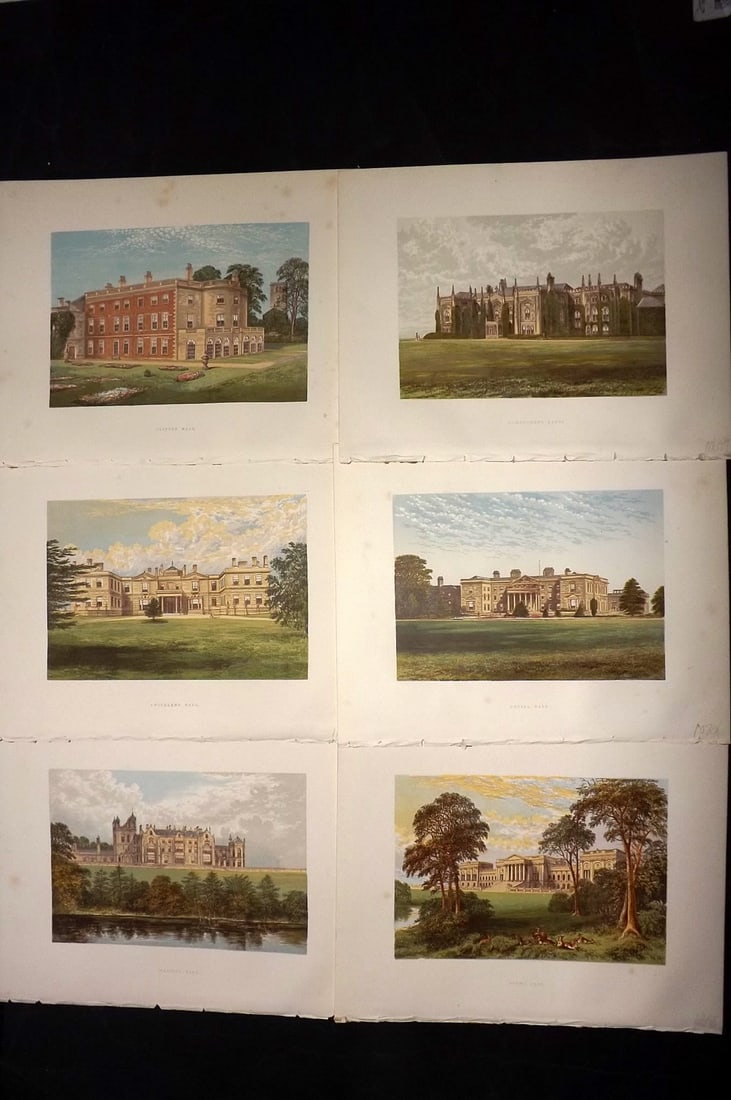 Morris Seats C1870 Lot of 6 British Color Woodblock Views: Color Printed Woodblock Published 1866-1880 by William Mckenzie, London for "Picturesque Views of Seats of Noblemen and Gentlemen of Great Britain and Ireland" by the Rev. F. O. Morris. Printed by Ben