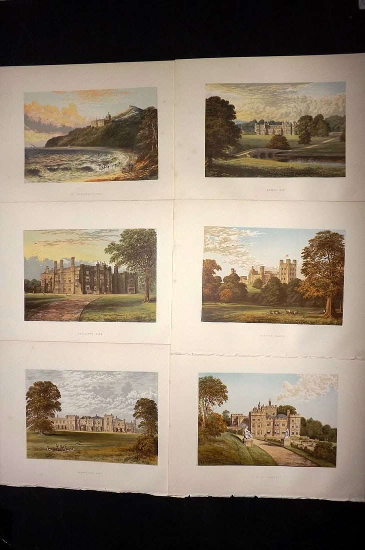 Morris Seats C1870 Lot of 6 British Color Woodblock Views: Color Printed Woodblock Published 1866-1880 by William Mckenzie, London for "Picturesque Views of Seats of Noblemen and Gentlemen of Great Britain and Ireland" by the Rev. F. O. Morris. Printed by Ben