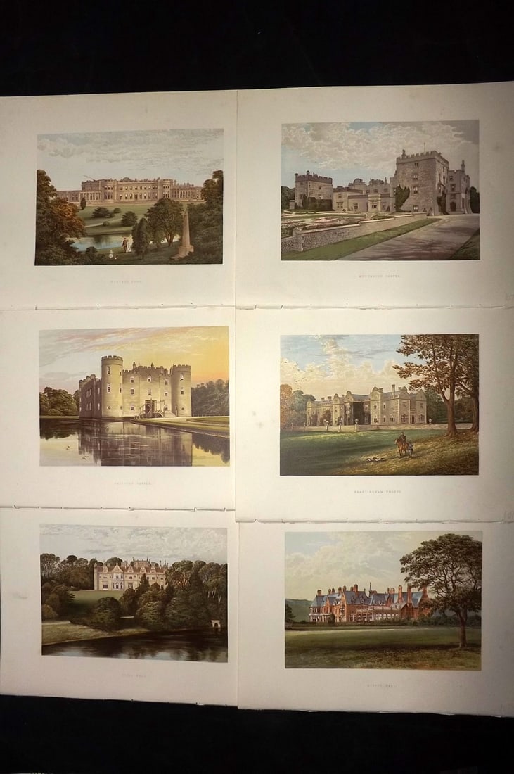 Morris Seats C1870 Lot of 6 British Color Woodblock Views: Color Printed Woodblock Published 1866-1880 by William Mckenzie, London for "Picturesque Views of Seats of Noblemen and Gentlemen of Great Britain and Ireland" by the Rev. F. O. Morris. Printed by Ben