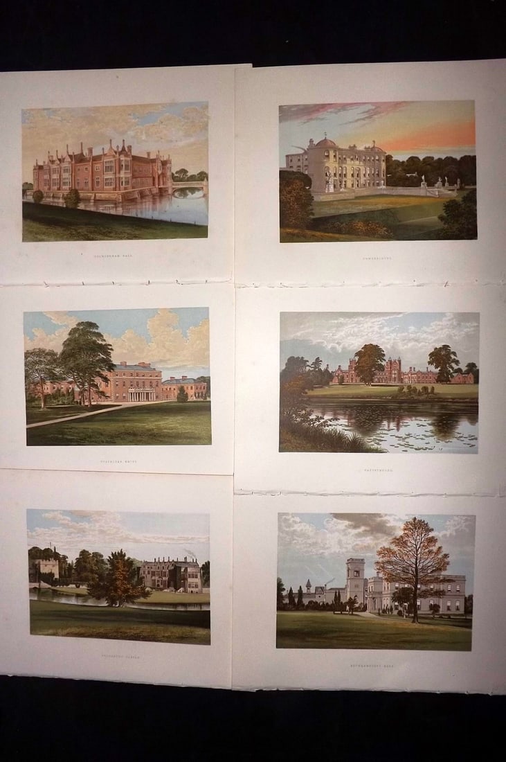 Morris Seats C1870 Lot of 6 British Color Woodblock Views: Color Printed Woodblock Published 1866-1880 by William Mckenzie, London for "Picturesque Views of Seats of Noblemen and Gentlemen of Great Britain and Ireland" by the Rev. F. O. Morris. Printed by Ben