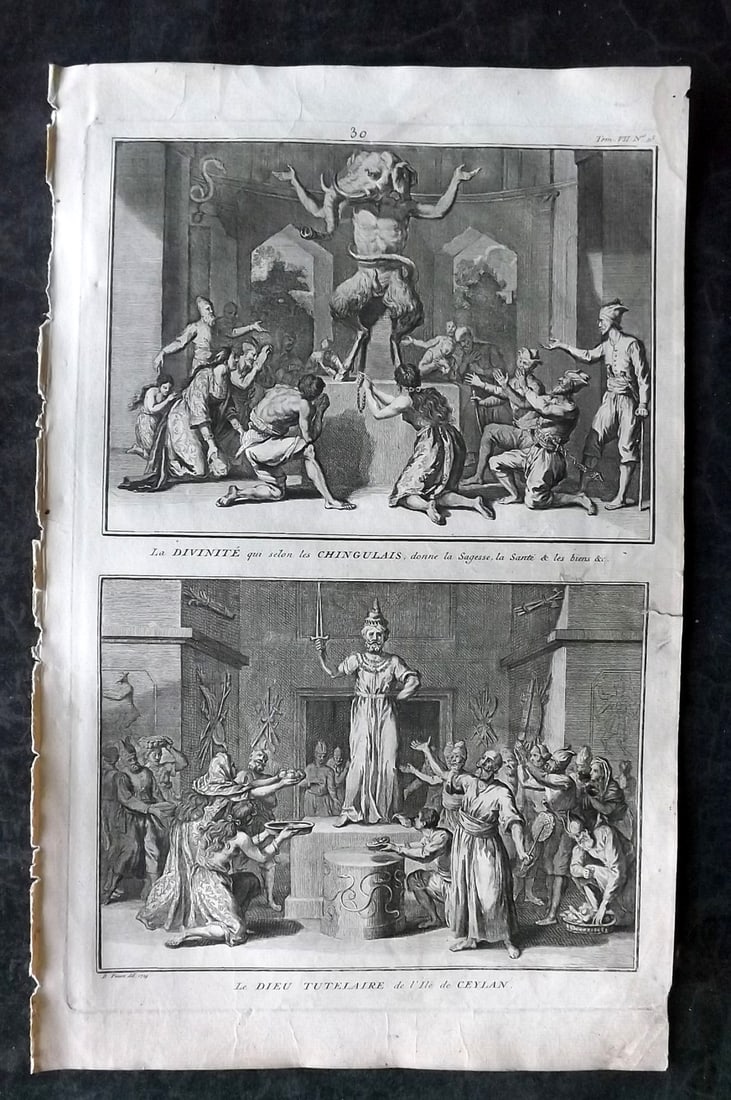 Picart, Bernard 1789 Folio Print. Ceylon - Deity & Ceremonies: Folio Copper Plate Published 1789, Amsterdam for "Ceremonies et Coutumes Religieuses des tous les Peuples du Monde" by Bernard Picart. Paper Size: 13.5 x 9.5 inch (34 x 24cm) Approx. Closed left margi