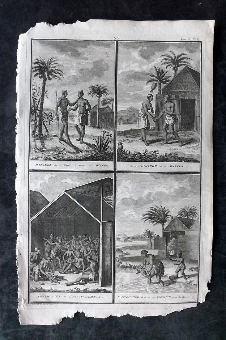 Picart, Bernard 1789 Folio Print. Guinea - Manners & Ceremonies: Folio Copper Plate Published 1789, Amsterdam for "Ceremonies et Coutumes Religieuses des tous les Peuples du Monde" by Bernard Picart. Paper Size: 13.5 x 9.5 inch (34 x 24cm) Approx. Some chipping to 