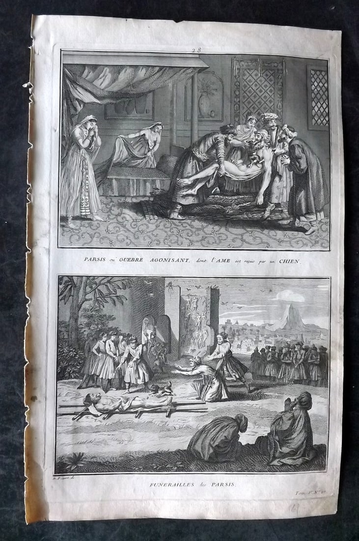 Picart, Bernard 1789 Folio Print. Persia - Funerals: Folio Copper Plate Published 1789, Amsterdam for "Ceremonies et Coutumes Religieuses des tous les Peuples du Monde" by Bernard Picart. Paper Size: 13.5 x 9.5 inch (34 x 24cm) Approx. Closed left margi