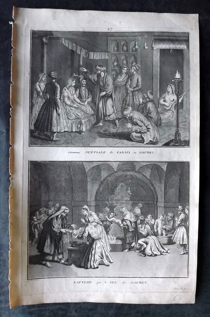Picart, Bernard 1789 Folio Print. Persia - Marriage and Baptism: Folio Copper Plate Published 1789, Amsterdam for "Ceremonies et Coutumes Religieuses des tous les Peuples du Monde" by Bernard Picart. Paper Size: 13.5 x 9.5 inch (34 x 24cm) Approx. Good Condition ov