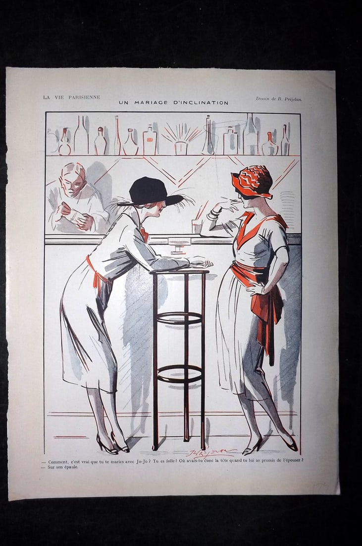 La Vie Parisienne 1920 Art Deco Print. Un Mariage d'Inclinationby Prejelan: Lithographs Published 1928, Paris for "La Vie Parisienne" Illustrated by Lissac, Barbier, Vallet, Valee, Prejelan, Herouard, Fournier, Kuhn-Regnier, Georges L?onnec and others. Verso text, but none sh