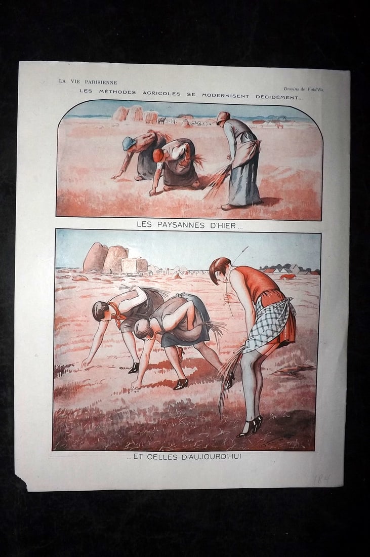 La Vie Parisienne 1926 Art Deco Print. Les Methodes Agricoles by Vald' Es: Lithographs Published 1928, Paris for "La Vie Parisienne" Illustrated by Lissac, Barbier, Vallet, Valee, Prejelan, Herouard, Fournier, Kuhn-Regnier, Georges L?onnec and others. Verso text, but none sh