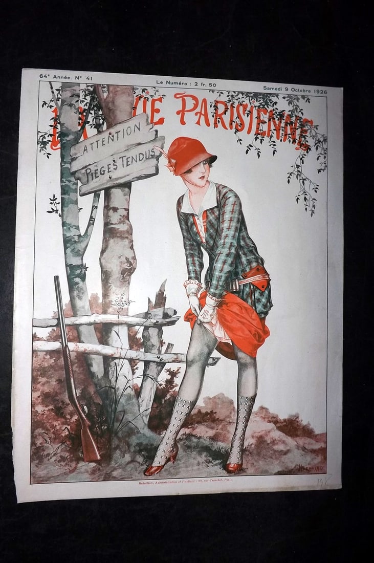 La Vie Parisienne 1926 Art Deco Print. Attention Pieges Tendus by Herouard: Lithographs Published 1928, Paris for "La Vie Parisienne" Illustrated by Lissac, Barbier, Vallet, Valee, Prejelan, Herouard, Fournier, Kuhn-Regnier, Georges L?onnec and others. Verso text, but none sh