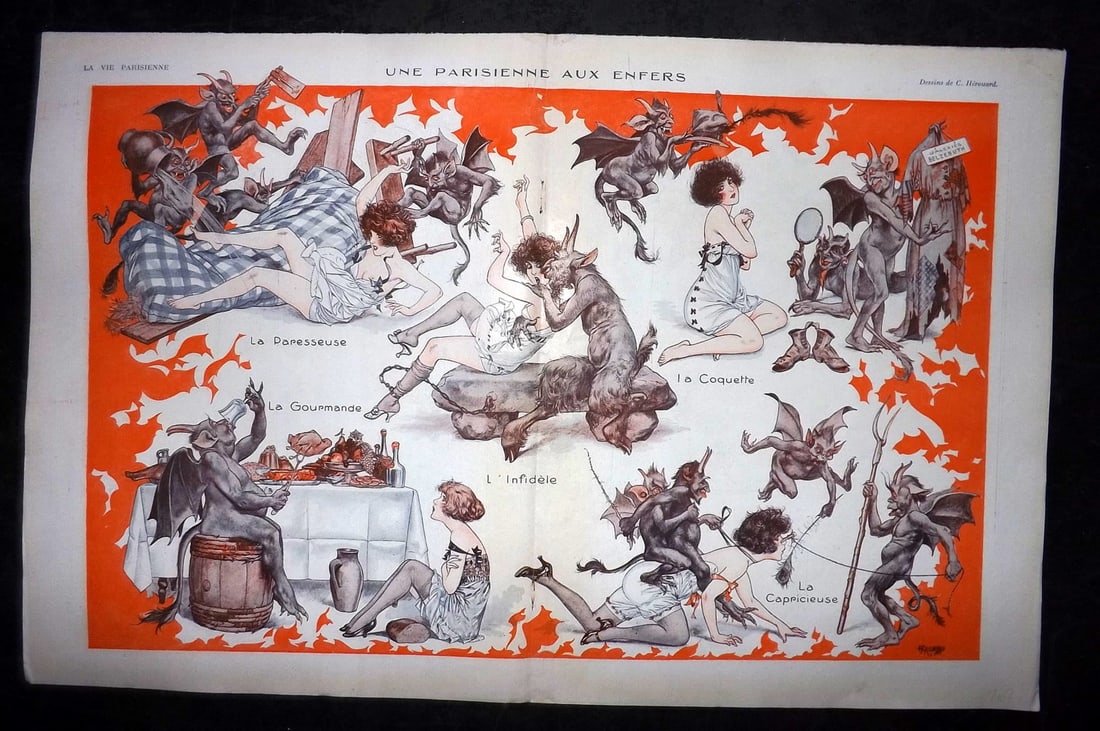 La Vie Parisienne 1920 Art Deco Double Print. Une Parisienne aux Enfers (1 of 1)