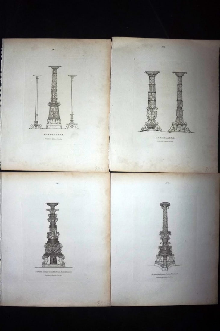 Moses, Henry 1814 Lot of 4 Prints. Candelabrum: Etching Published Published 1814, London for "A Collection of Antique Vases..." First Edition by Henry Moses. Paper Size: 8 x 7 inch (21 x 18cm) Good Condition overall