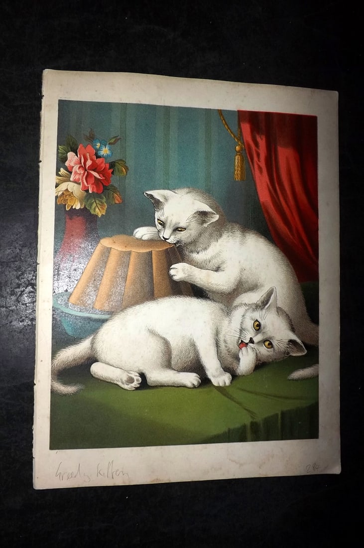 Petland C1890 Scarce Antique Cat Print. Greedy & Cross Kitten (1 of 2)