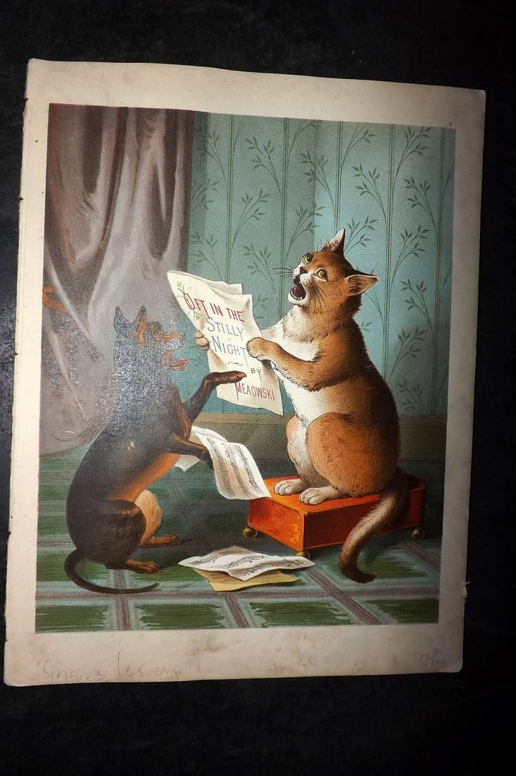 Petland C1890 Scarce Antique Dog & Cat Print. A Singing Lesson & The Dandy Cat (1 of 2)