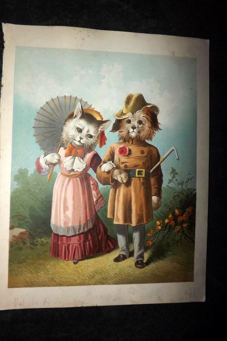 Petland C1890 Scarce Antique Dog & Cat Print. Out for Airing & Away from Home (1 of 2)