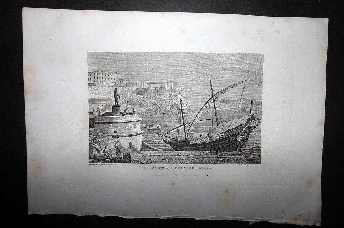Malta 1823 Antique Print. Valetta & Port by Polehampton: Copper Plate Published 1823, London for "The Gallery of Nature and Art: or, A Tour Through Creation and Science" by the Rev. Edward Polehampton & John M. Good. Paper Size: 10 x 7 inch (26 x 18cm) Good