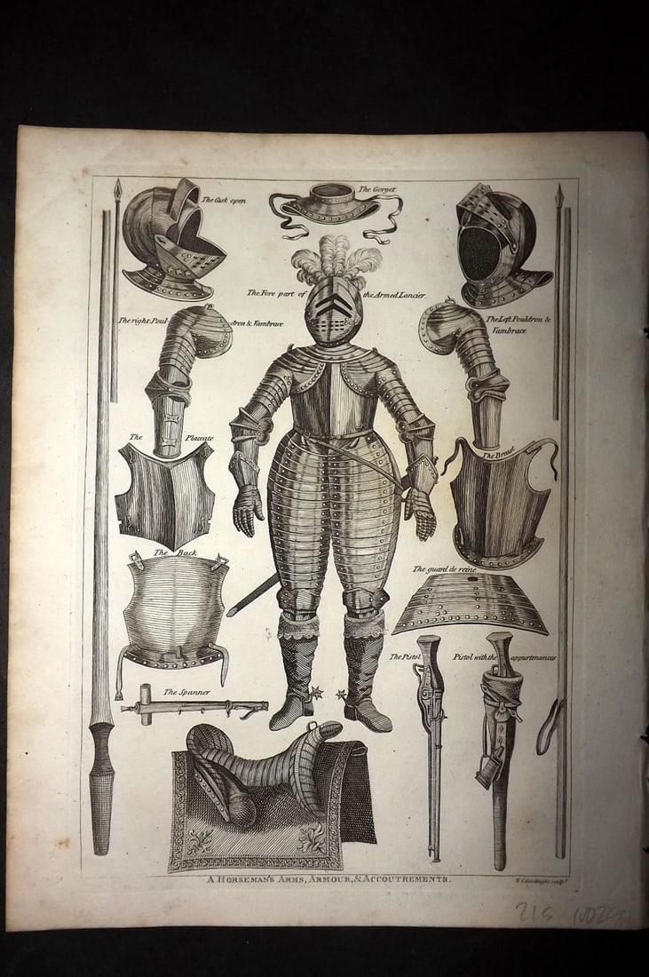 Grose, Francis 1801 Antique Military Print. A Horsemans Arms, Armour & Accroutrements: Copper Plate Published 1801, London for "Military Antiquities Respecting a History of the English Army from the Conquest to the Present Time" by Francis Grose. Paper Size: 10.5 x 8 inch (27 x 21cm) Go