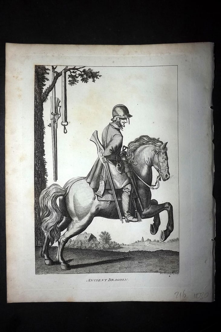 Grose, Francis 1801 Antique Military Print. Ancient Dragoon: Copper Plate Published 1801, London for "Military Antiquities Respecting a History of the English Army from the Conquest to the Present Time" by Francis Grose. Paper Size: 10.5 x 8 inch (27 x 21cm) Ve