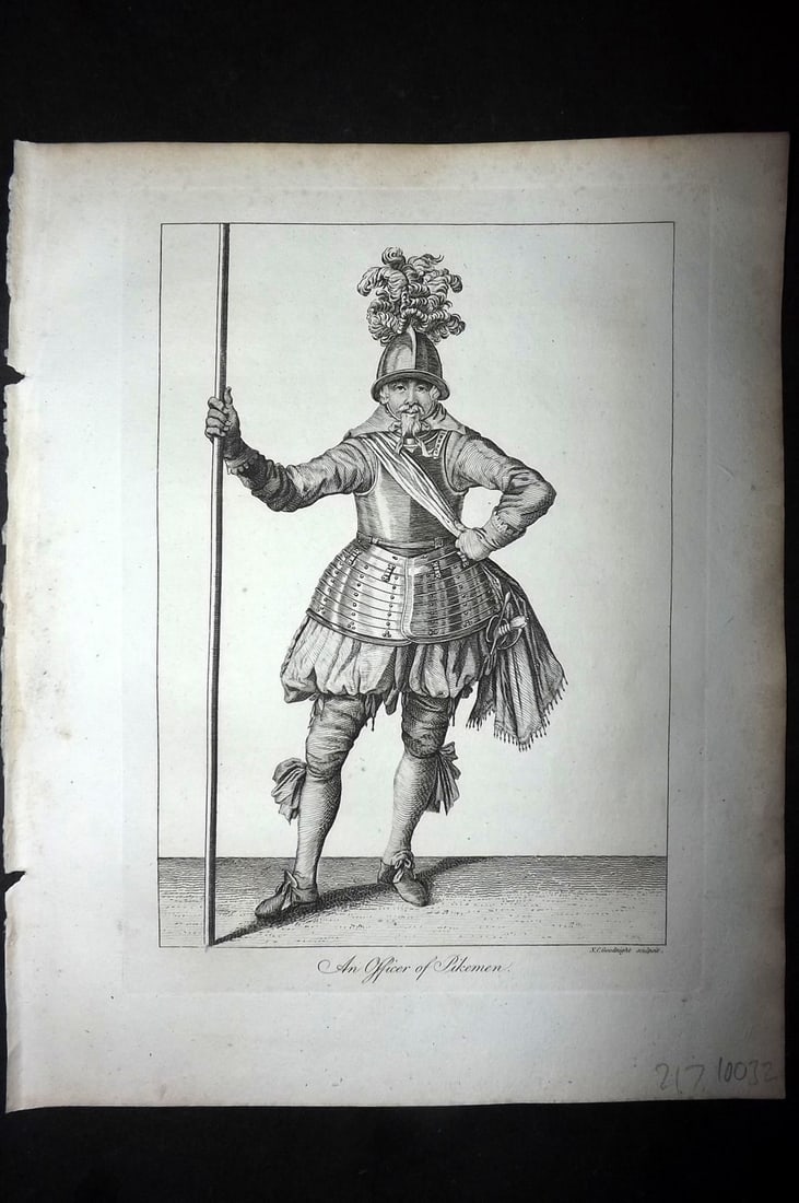 Grose, Francis 1801 Antique Military Print. An Officer of Pikeman: Copper Plate Published 1801, London for "Military Antiquities Respecting a History of the English Army from the Conquest to the Present Time" by Francis Grose. Paper Size: 10.5 x 8 inch (27 x 21cm) Go