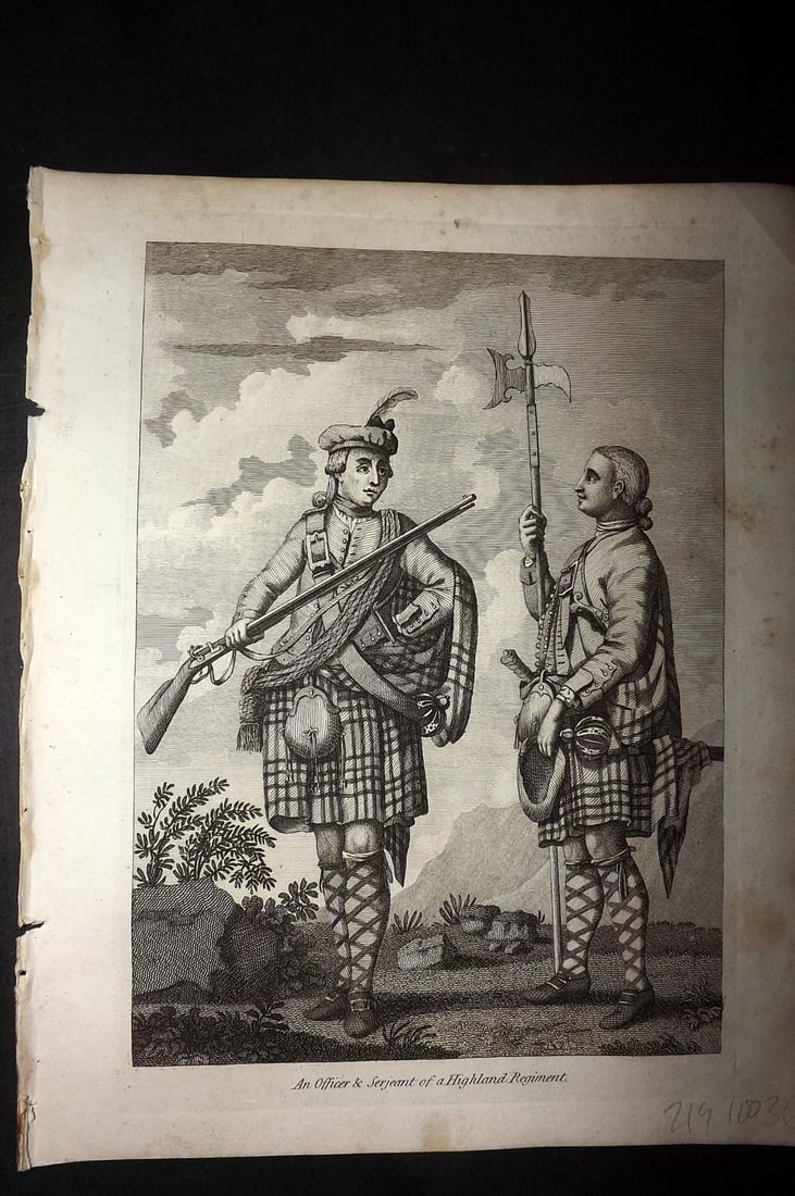Grose, Francis 1801 Antique Military Print. Officer & Serjeant of a Higland Regiment: Copper Plate Published 1801, London for "Military Antiquities Respecting a History of the English Army from the Conquest to the Present Time" by Francis Grose. Paper Size: 10.5 x 8 inch (27 x 21cm) Ve
