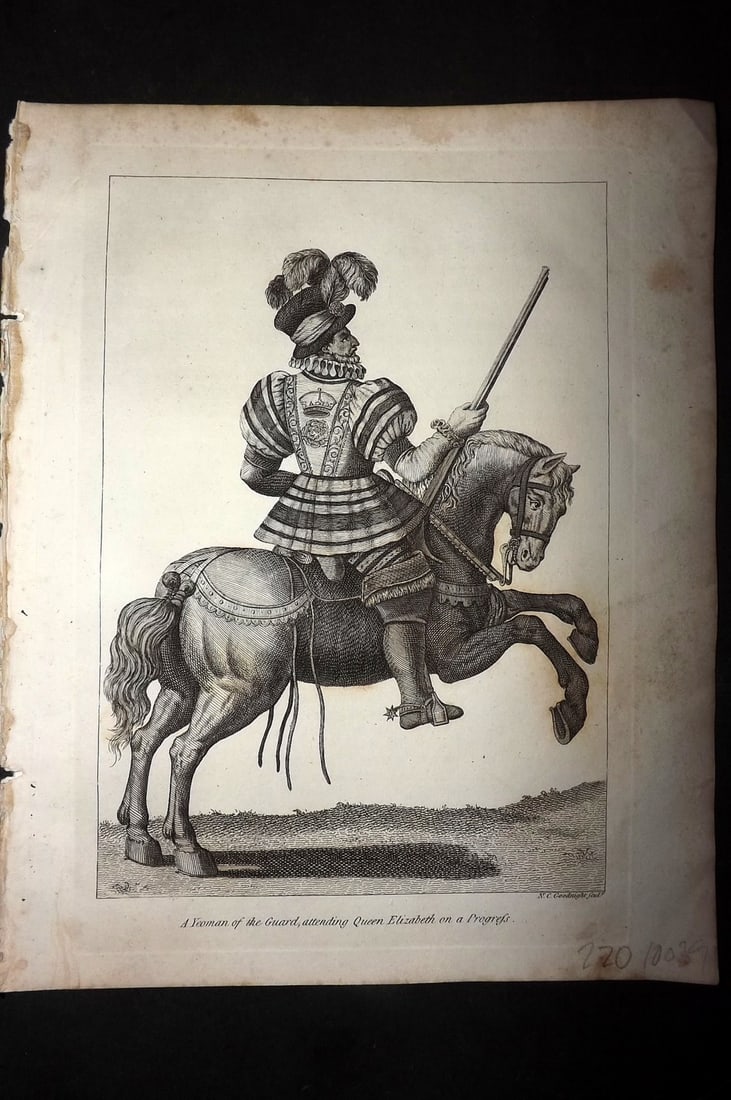 Grose, Francis 1801 Military Print. Yeoman of the Guard attending Queen Elizabeth: Copper Plate Published 1801, London for "Military Antiquities Respecting a History of the English Army from the Conquest to the Present Time" by Francis Grose. Paper Size: 10.5 x 8 inch (27 x 21cm) Ve