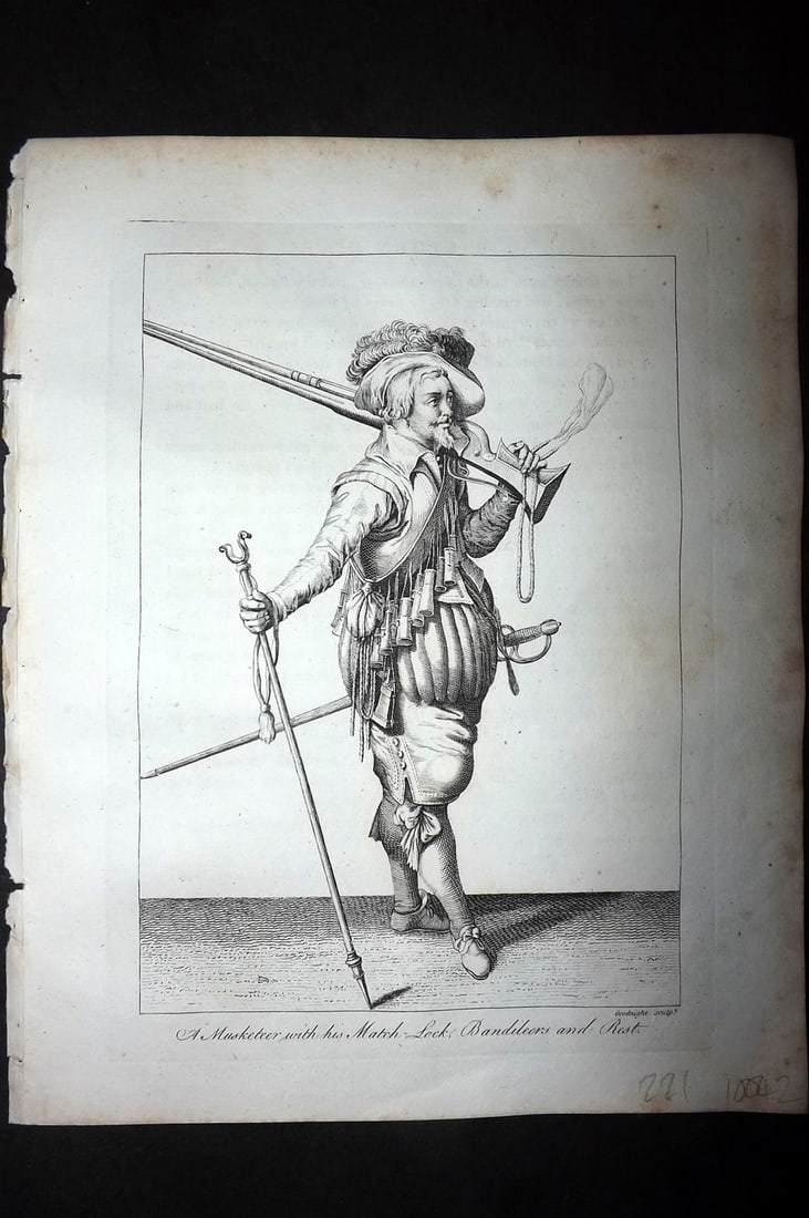 Grose, Francis 1801 Antique Military Print. Musketeer with his Match-Lock: Copper Plate Published 1801, London for "Military Antiquities Respecting a History of the English Army from the Conquest to the Present Time" by Francis Grose. Paper Size: 10.5 x 8 inch (27 x 21cm) Ve