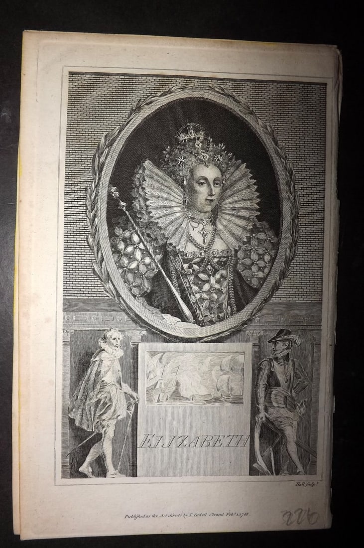Hume, David 1793 Antique Portrait Print. Queen Elizabeth I (1 of 1)