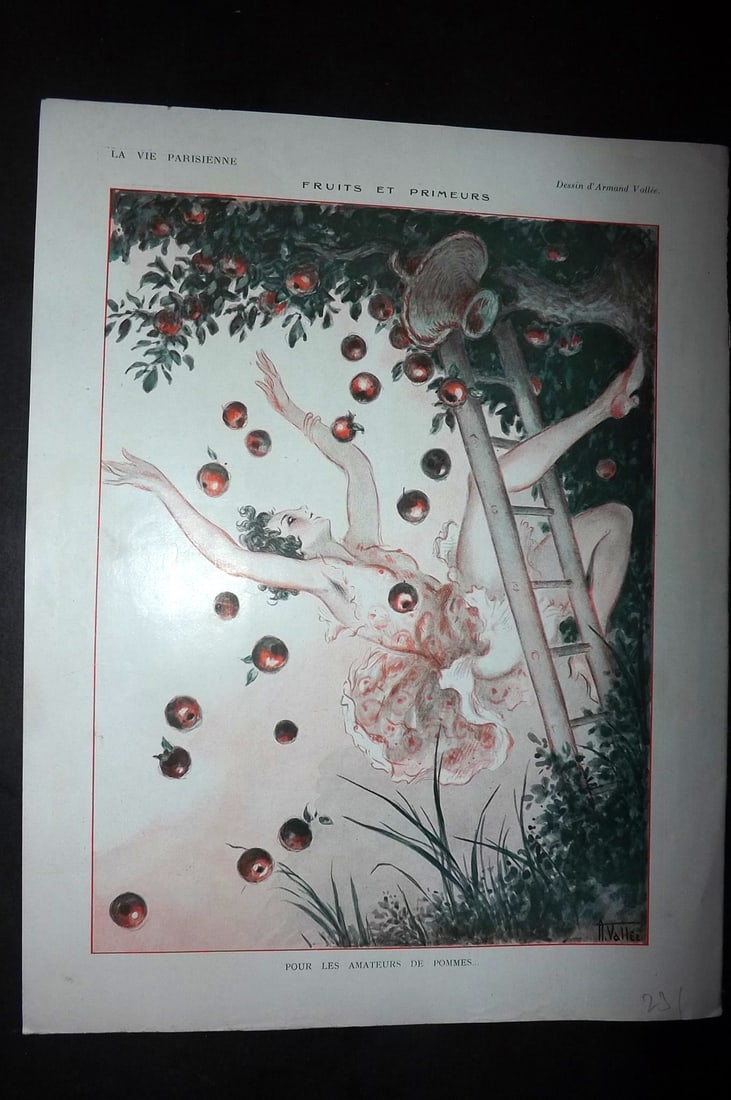 La Vie Parisienne 1926 Art Deco Print. Fruits et Premeurs by Vald'es: Lithographs Published 1928, Paris for "La Vie Parisienne" Illustrated by Lissac, Barbier, Vallet, Valee, Prejelan, Herouard, Fournier, Kuhn-Regnier, Georges L?onnec and others. Verso text, but none sh
