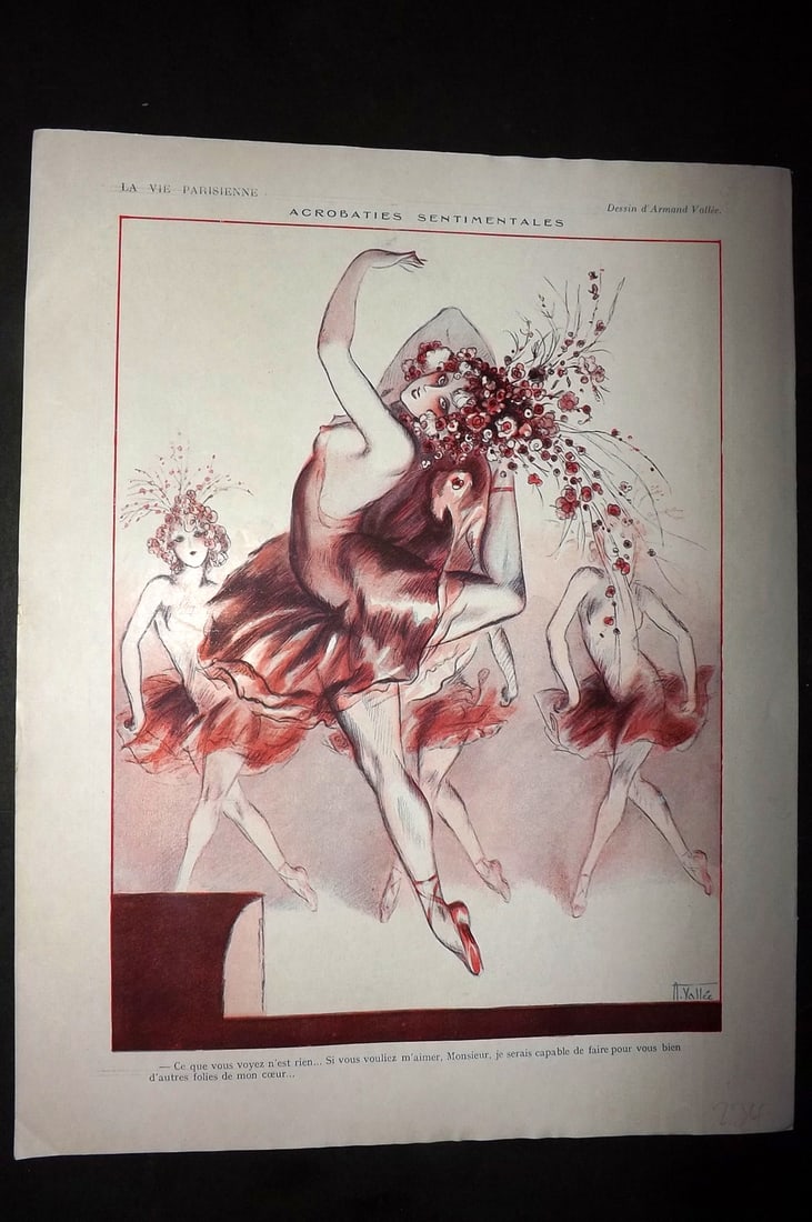La Vie Parisienne 1926 Art Deco Print. Acrobaties Sentimentales by Vallee: Lithographs Published 1928, Paris for "La Vie Parisienne" Illustrated by Lissac, Barbier, Vallet, Valee, Prejelan, Herouard, Fournier, Kuhn-Regnier, Georges L?onnec and others. Verso text, but none sh