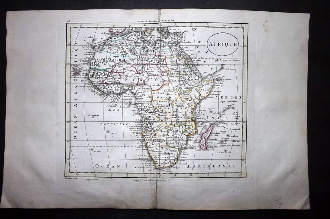 Guthrie, William 1799 Antique Map. Africa Afrique: Copper Engraved Map with original outline hand colour Published 1799, Paris for "Atlas Universel?" by William Guthrie. Centre fold as published. Paper Size: 14.5 x 9 inch (37 x 23cm) Tiny closed margi