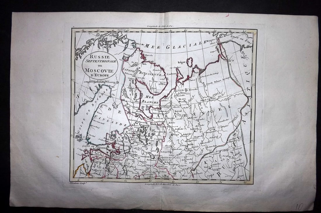 Guthrie, William 1799 Antique Map. Russia in Europe, Baltic: "Russie Septentrionale ou Moscovie d'Europe" Copper Engraved Map with original outline hand colour Published 1799, Paris for "Atlas Universel?" by William Guthrie. Centre fold as published. Paper Size