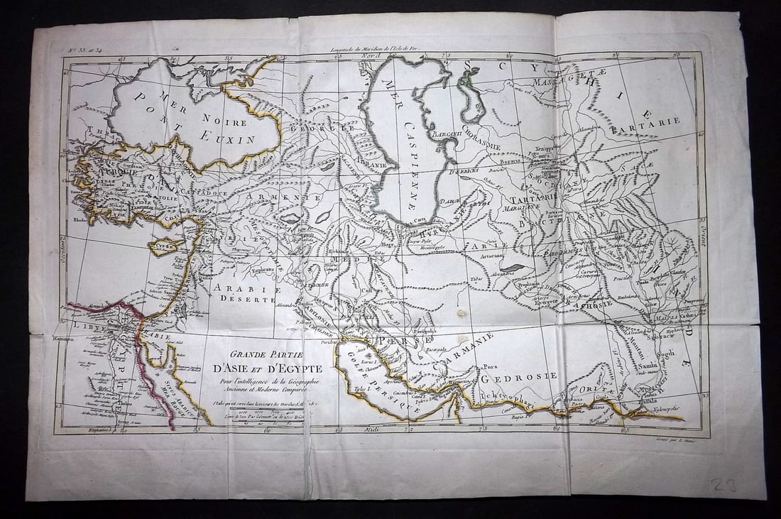 Guthrie, William 1799 Antique Map. Asia and Egypt: "Grande Partie d'Asie et d'Egypte" Copper Engraved Map with original outline hand colour Published 1799, Paris for "Atlas Universel?" by William Guthrie. Folds as published. Paper Size: 18.5 x 12 inch