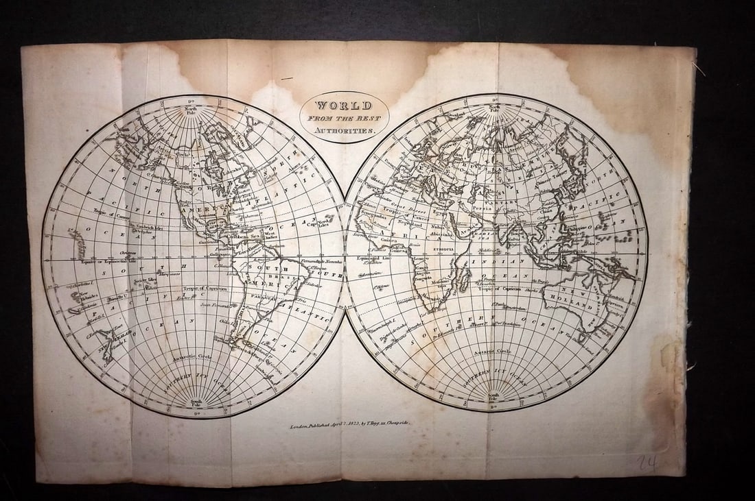 Brookes, Richard 1823 Antique Map. World Hemispheres (1 of 1)