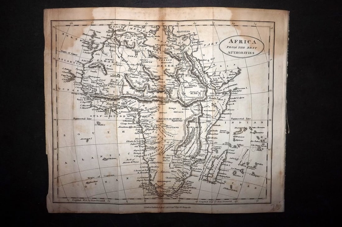 Brookes, Richard 1823 Antique Map. Africa: Copper Engraved Map Published 1823, London for "The General Gazetteer; Or, Compendious Geographical Dictionary" by Richard Brookes. Folds as issued. Paper Size: 13 x 8.5 inch (33 x 22cm) Some toning a