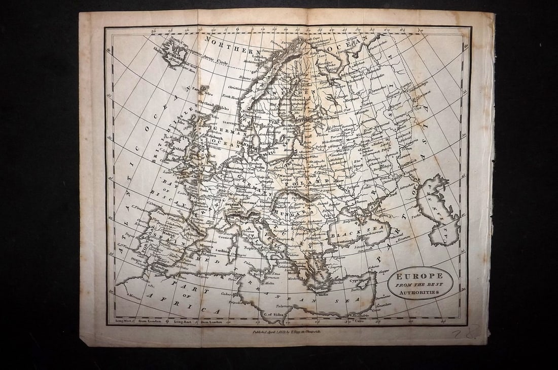 Brookes, Richard 1823 Antique Map. Europe: Copper Engraved Map Published 1823, London for "The General Gazetteer; Or, Compendious Geographical Dictionary" by Richard Brookes. Folds as issued. Paper Size: 13 x 8.5 inch (33 x 22cm) Very minor to