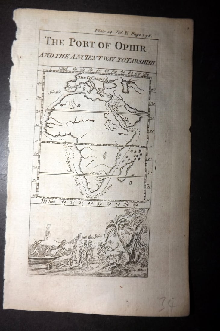 Pluche, Noel Antoine 1766 Map. Port of Ophir. Arabia and Africa: Copper Engraved Map Published 1766, London for "Spectacle de la Nature: Or, Nature Display'd" the English Edition of "Le spectacle de la nature..." by Noel Antoine Pluche. Translated by Mr. Humphreys.