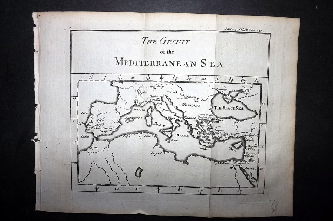 Pluche, Noel Antoine 1766 Map. Circuit of the Mediterraean Sea: Copper Engraved Map Published 1766, London for "Spectacle de la Nature: Or, Nature Display'd" the English Edition of "Le spectacle de la nature..." by Noel Antoine Pluche. Translated by Mr. Humphreys.