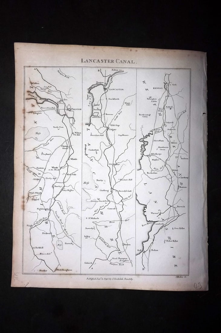 Aiken, John 1795 Antique Map. Lancaster Canal: Copper Engraved Map Published 1795, London for "A Description of the Country from Thirty to Forty Miles Round Manchester" by John Aiken. Paper Size: 11.5 x 9 inch (29 x 23cm) Minor toning, otherwise G