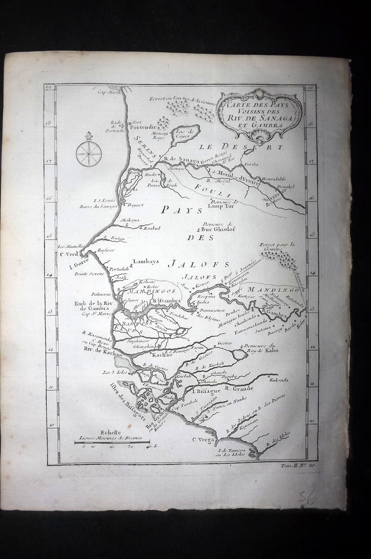 Bellin, Jacques-Nicolas C1760 Map. Africa Senegal - Carte des Pays Voisins des Riv. De Sanaga et: Copper Engraved Map Published 1746-1789, Paris & The Hague for "Histoire g?n?rale des voyages" by Antoine Francois Prevost. Paper Size: 10 x 8 inch (25 x 20cm) Approx. Good Condition